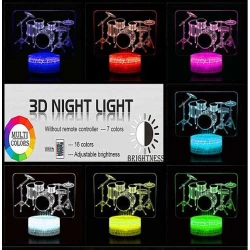 LED 3D lamp Akoestisch Drumstel (7 kleuren instelbaar) met remote control/ afstandsbediening